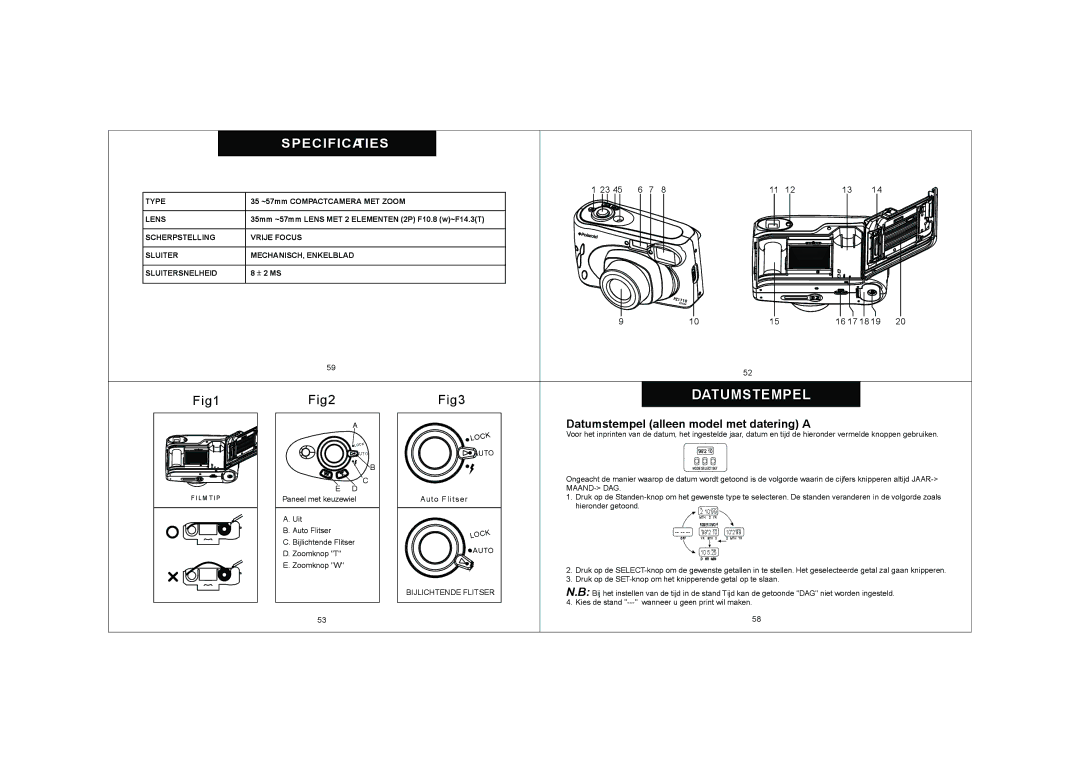 Polaroid KM1200-E010 Specificaties, Datumstempel alleen model met datering a, 35 ~57mm Compactcamera MET Zoom 