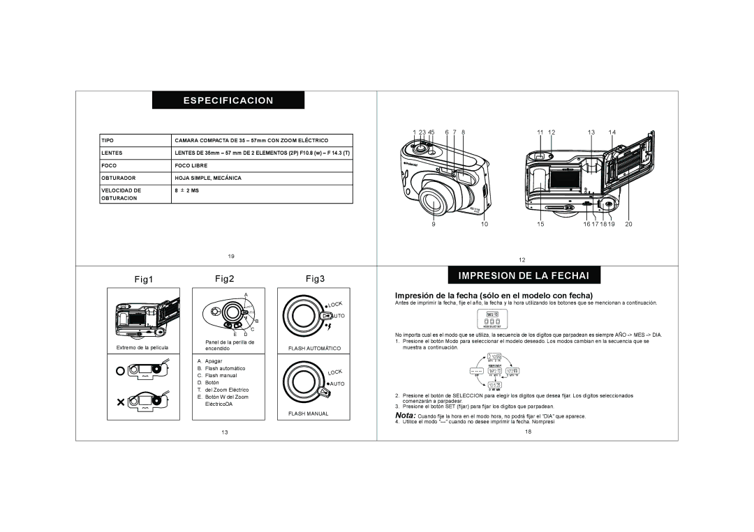 Polaroid KM1200-E010 Especificacion, Impresion DE LA Fechai, Impresión de la fecha sólo en el modelo con fecha, Tipo 