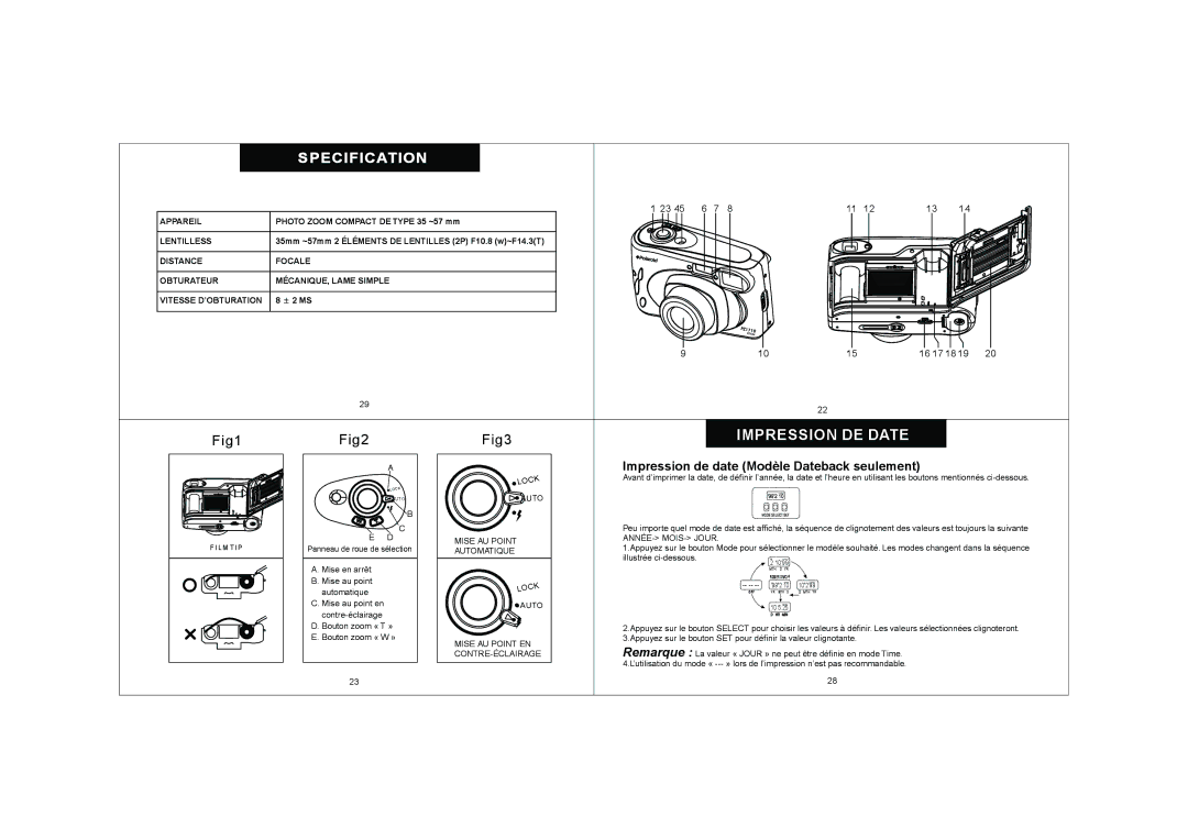 Polaroid KM1200-E010 operating instructions Appareil, Photo Zoom Compact DE Type 35 ~57 mm, Lentilless 