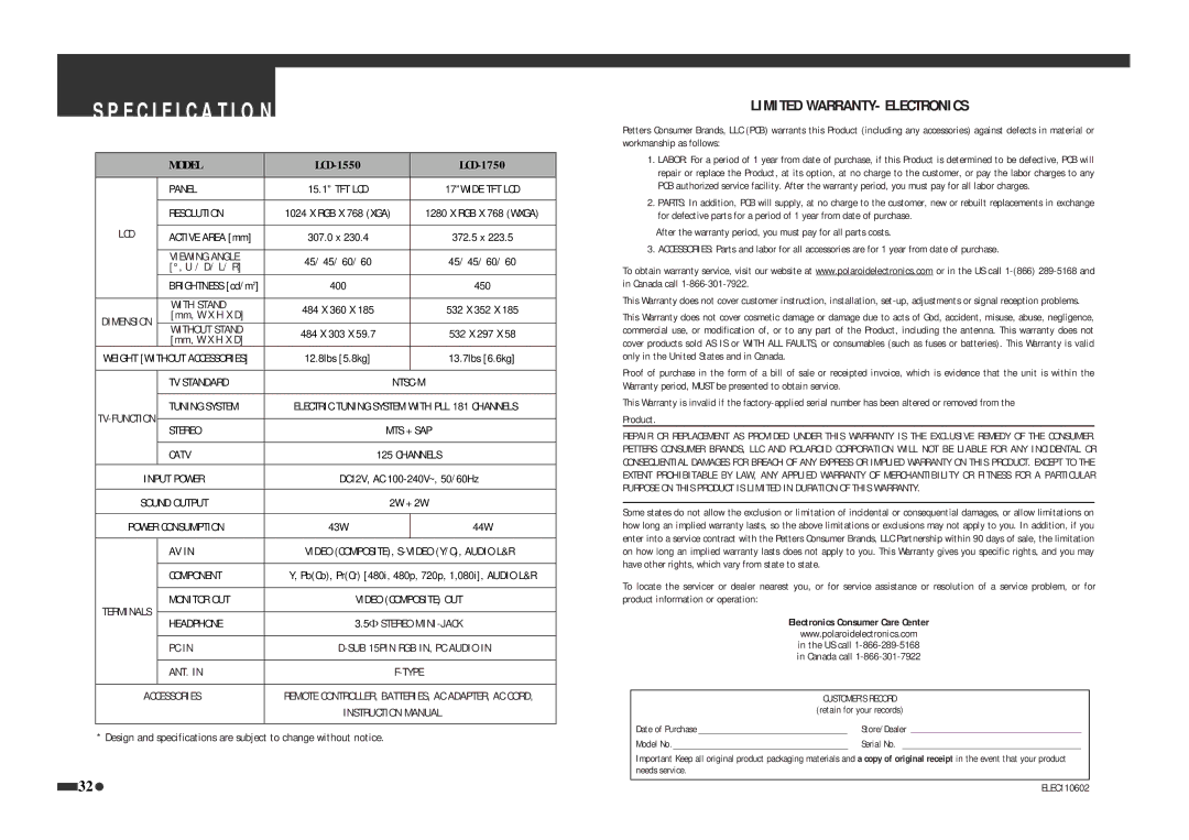 Polaroid operation manual Specification, LCD-1550 LCD-1750 