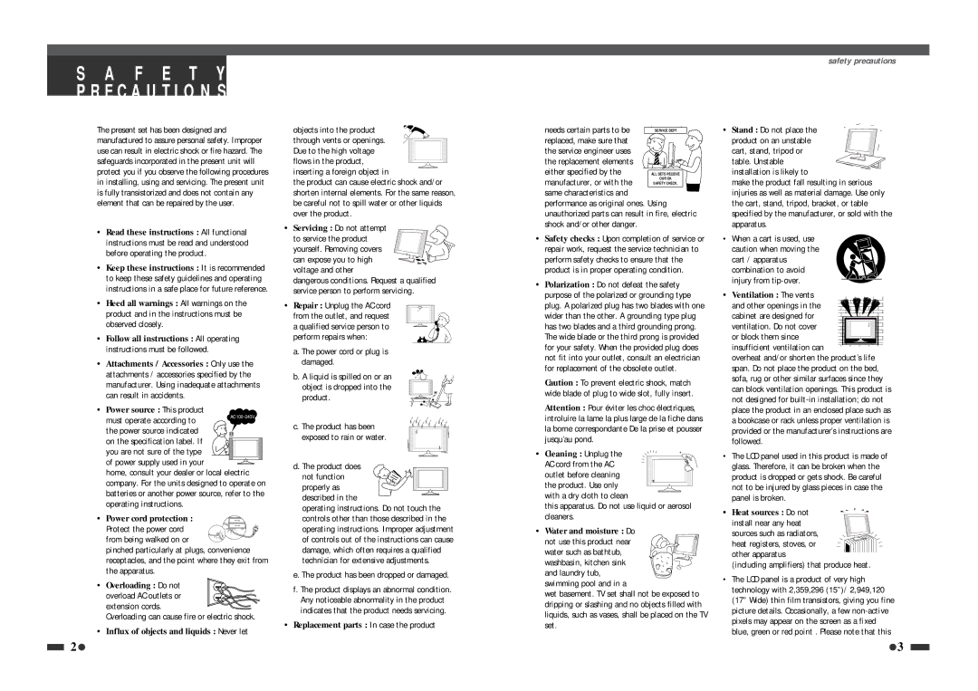 Polaroid LCD-1550 operation manual F E T Y P R E C a U T I O N S, Safety precautions 