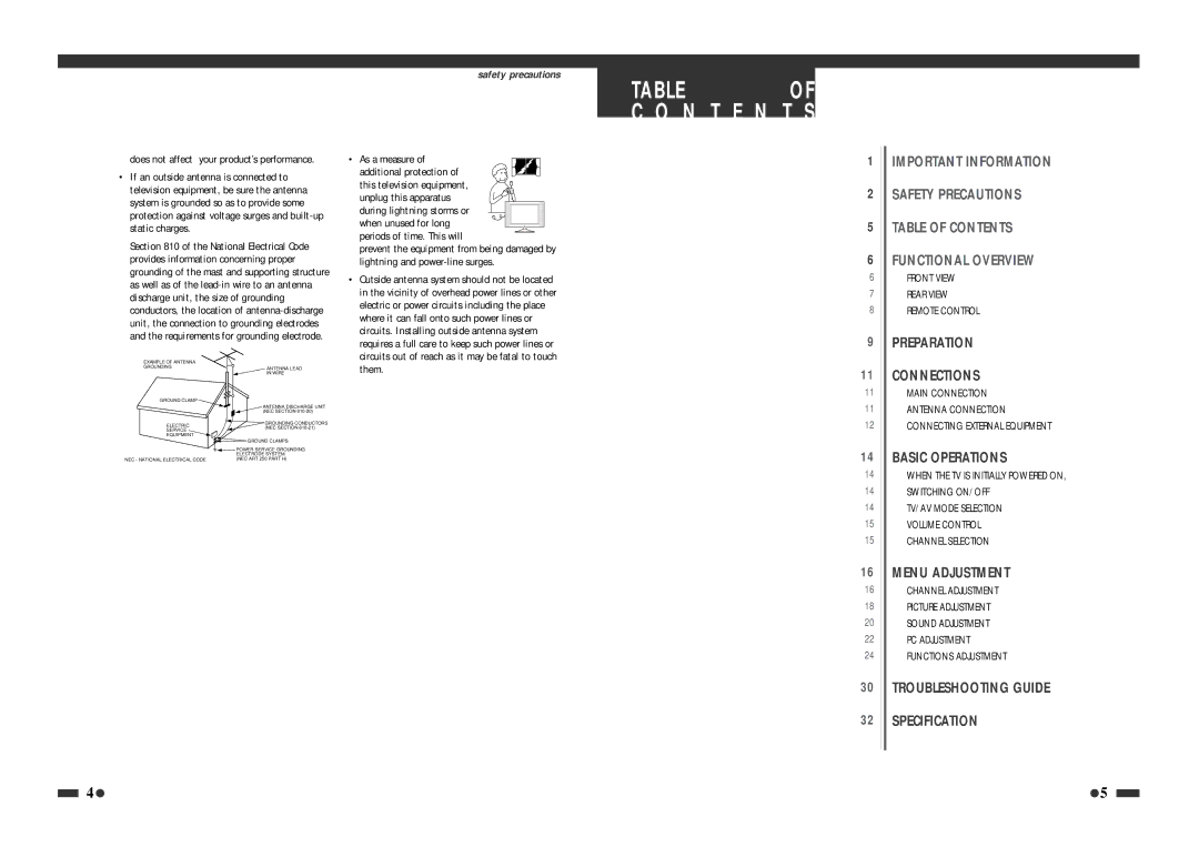 Polaroid LCD-1550 N T E N, Preparation Connections, Basic Operations, Menu Adjustment, Troubleshooting Guide Specification 