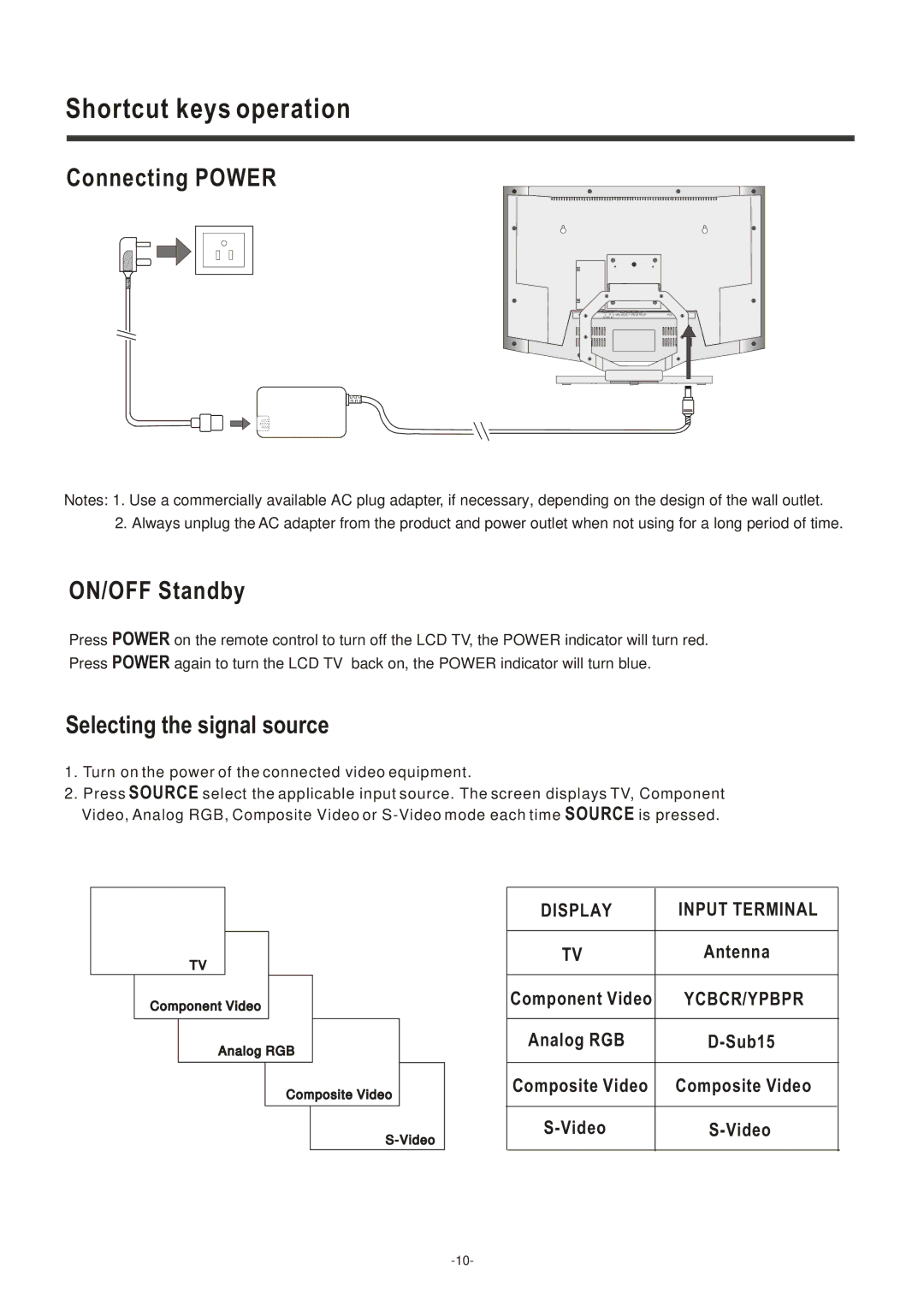 Polaroid LCD-1700, LCD-2000 Shortcut keys operation, Connecting Power, ON/OFF Standby, Selecting the signal source 