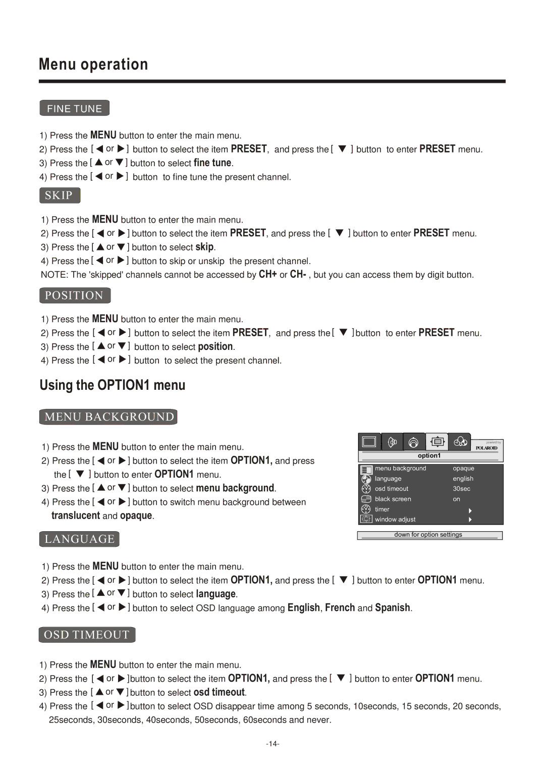 Polaroid LCD-1700, LCD-2000 operation manual Using the OPTION1 menu 