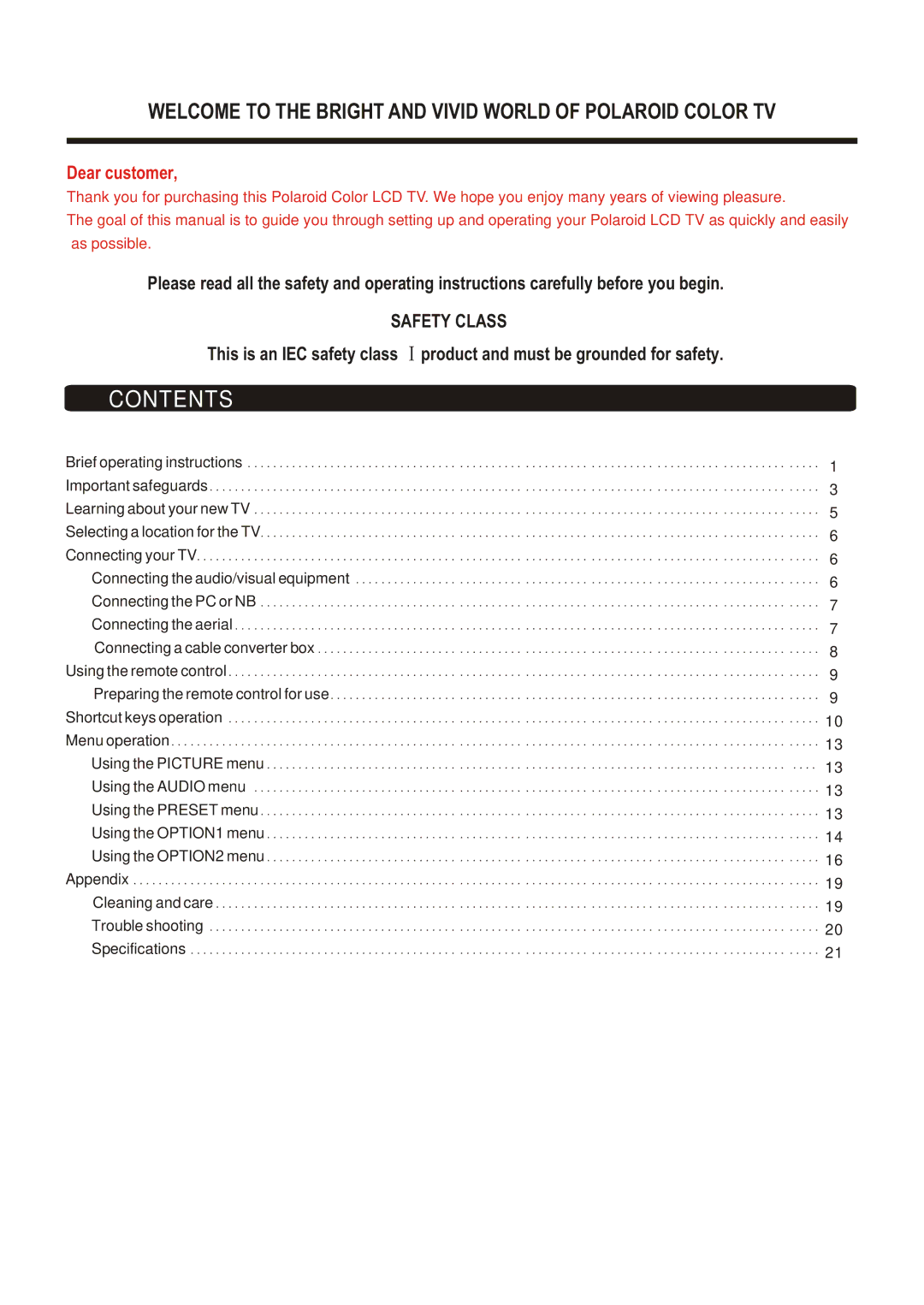 Polaroid LCD-1700, LCD-2000 operation manual Contents 