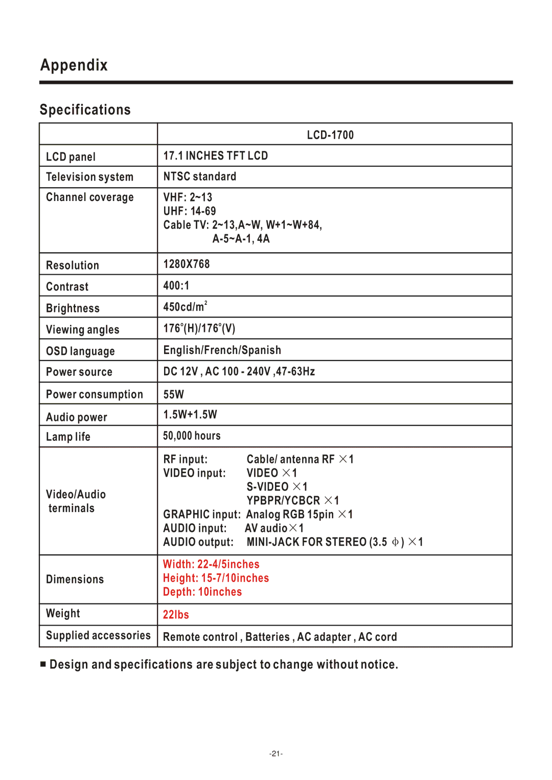 Polaroid LCD-2000, LCD-1700 operation manual Specifications, Inches TFT LCD 