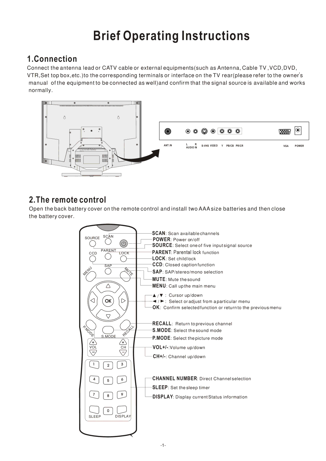 Polaroid LCD-2000, LCD-1700 operation manual Connection, Remote control 