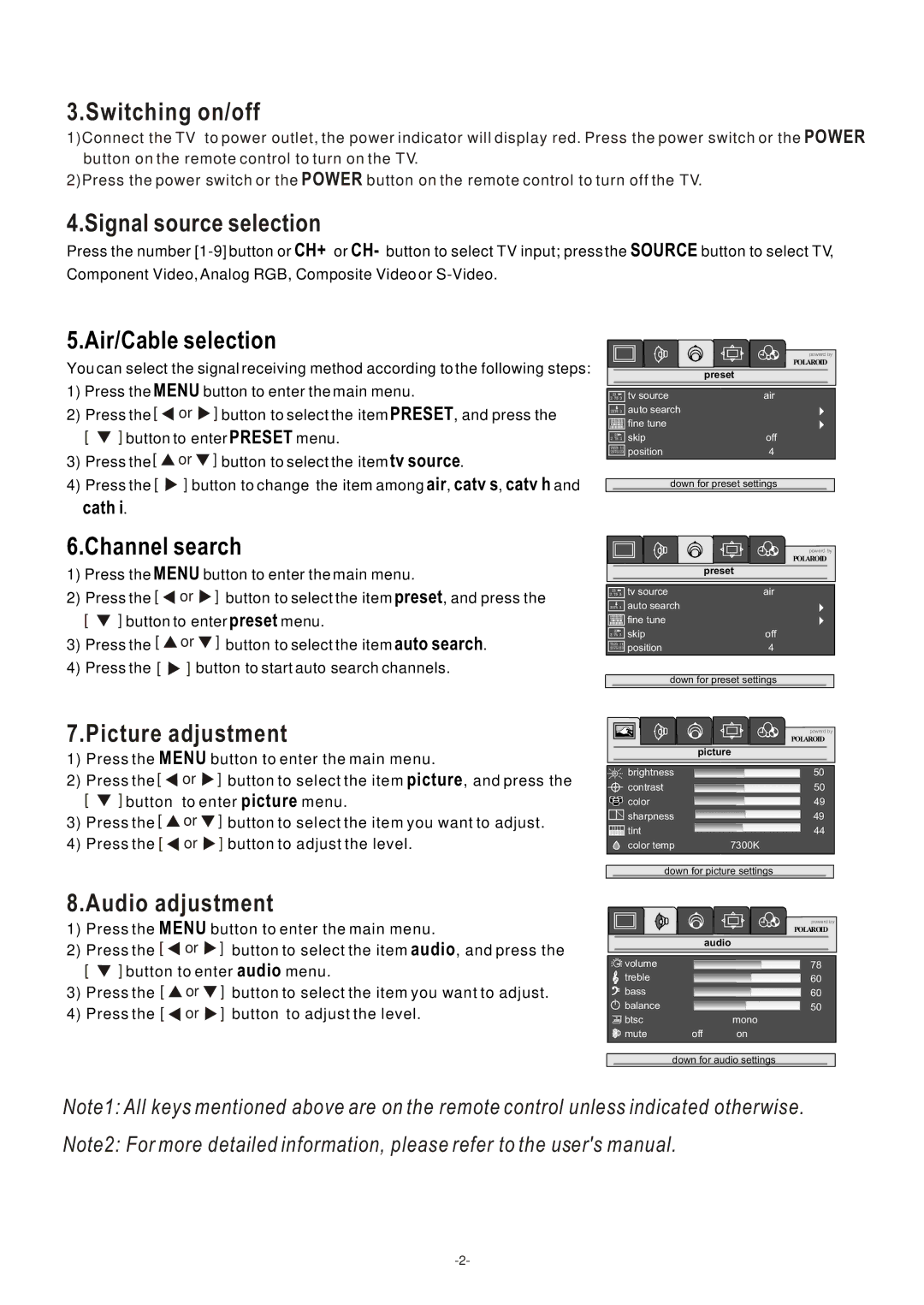 Polaroid LCD-1700, LCD-2000 operation manual Switching on/off, Signal source selection, Picture adjustment, Audio adjustment 