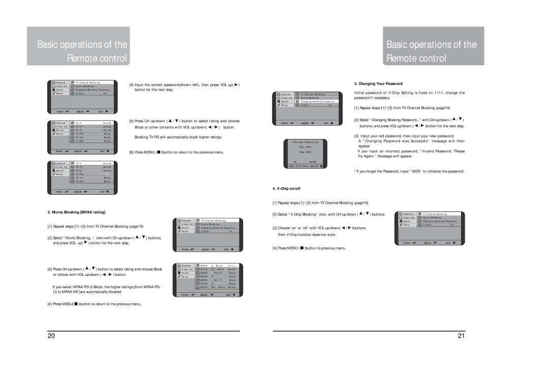 Polaroid LCD-2050 Changing Your Password, Chip on/off Movie Blocking Mpaa rating, Then V-Chip function does not work 