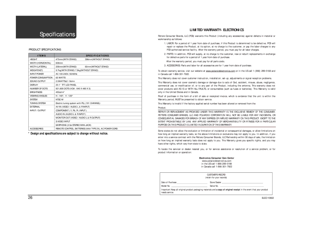 Polaroid LCD-2050 operation manual Specifications, E M S Specification S, Electronics Consumer Care Center 