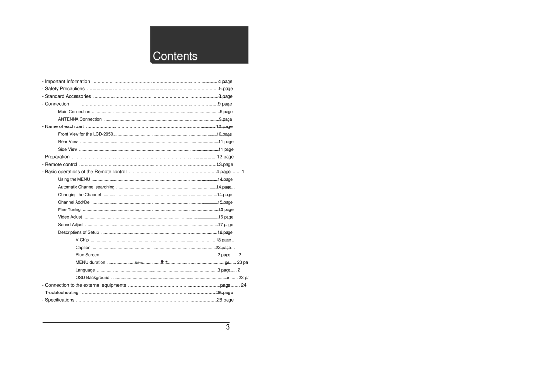 Polaroid LCD-2050 operation manual Contents 