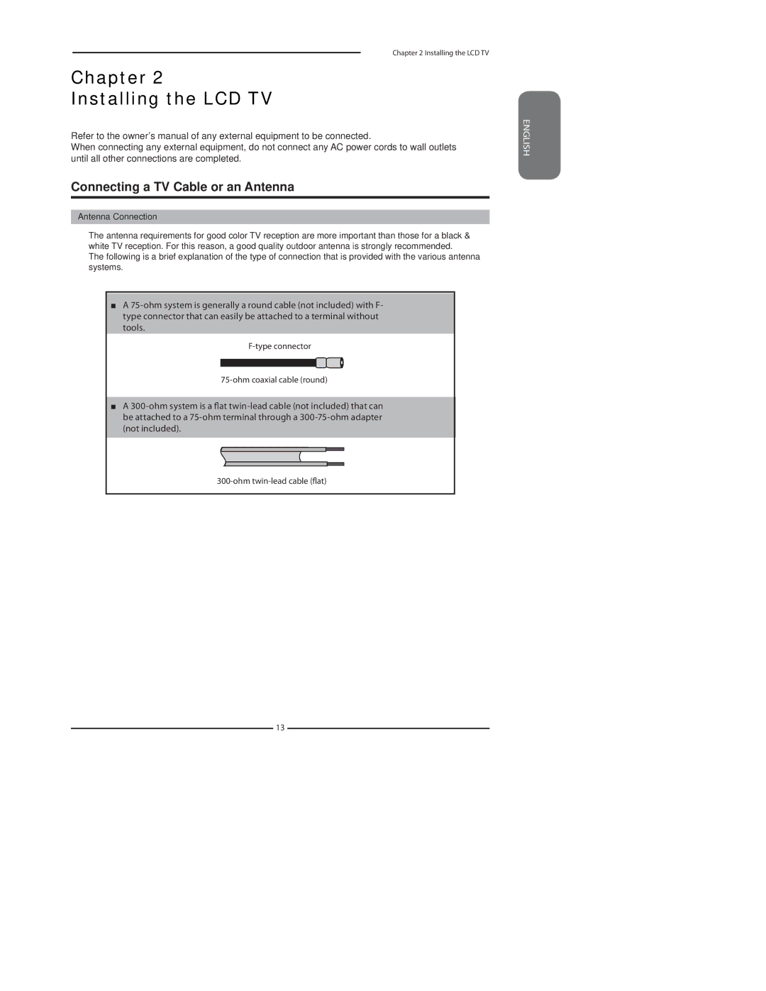 Polaroid LCD TV with Digital Tuner manual Chapter Installing the LCD TV, Connecting a TV Cable or an Antenna 