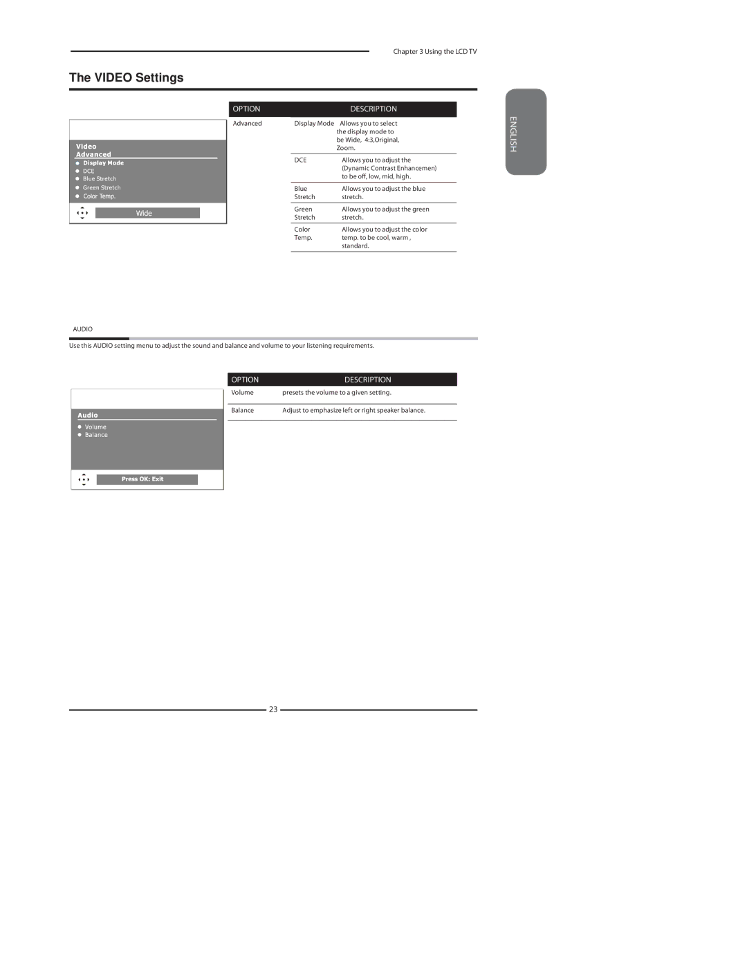 Polaroid LCD TV with Digital Tuner manual Video Settings, Dce 