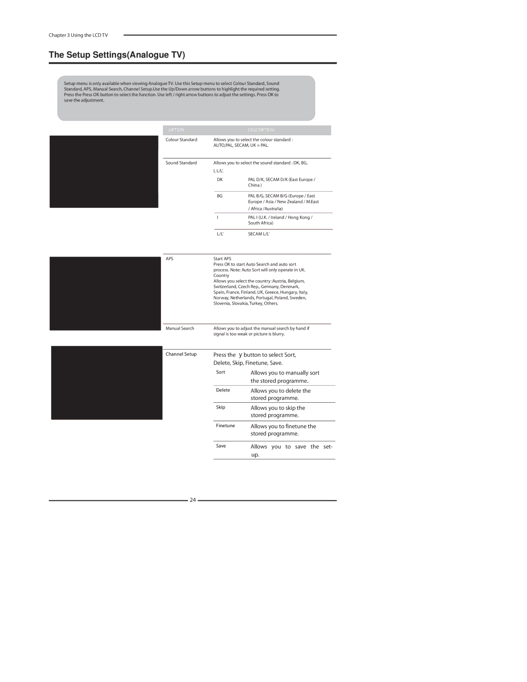 Polaroid LCD TV with Digital Tuner manual Setup SettingsAnalogue TV, Channel Setup 