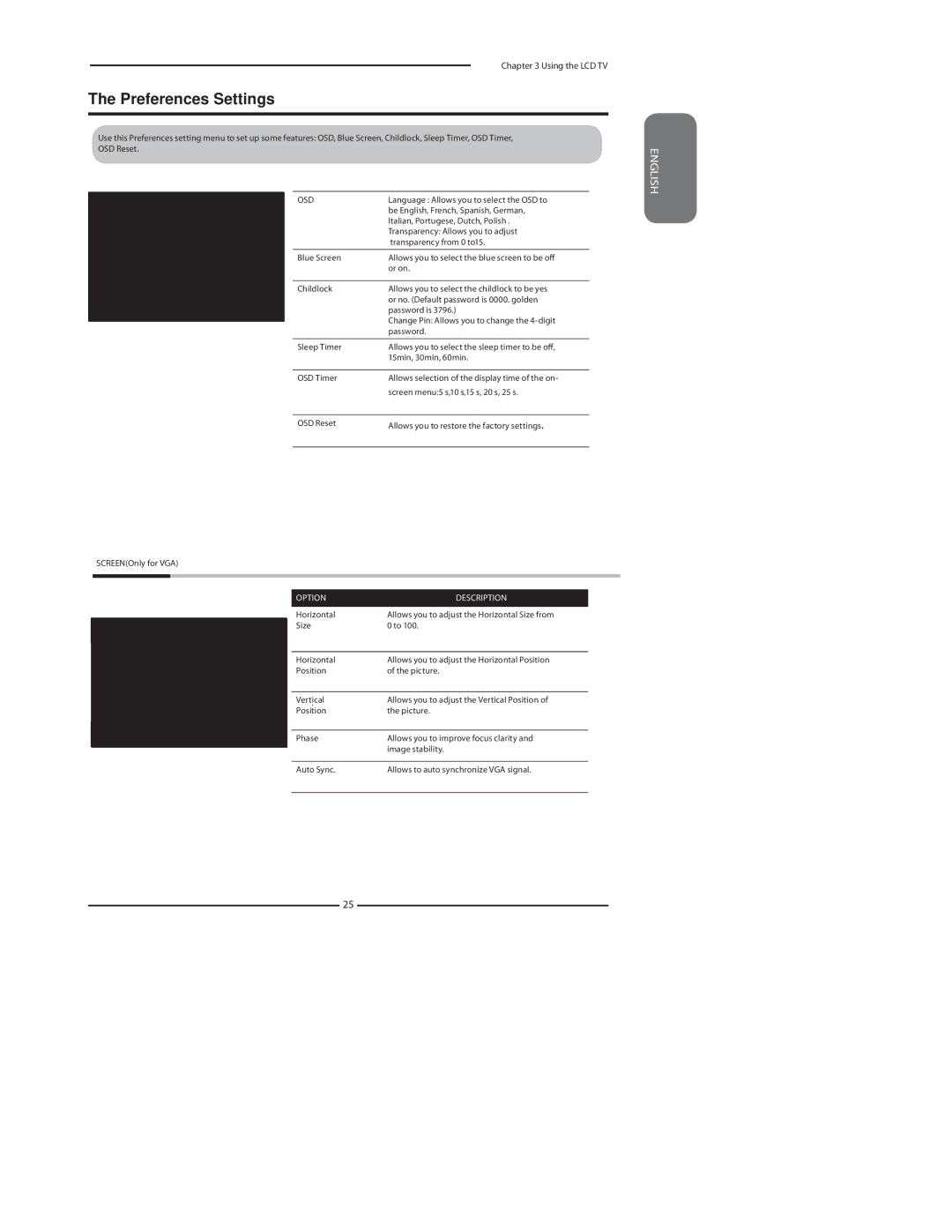 Polaroid LCD TV with Digital Tuner manual Preferences Settings, Option Description 