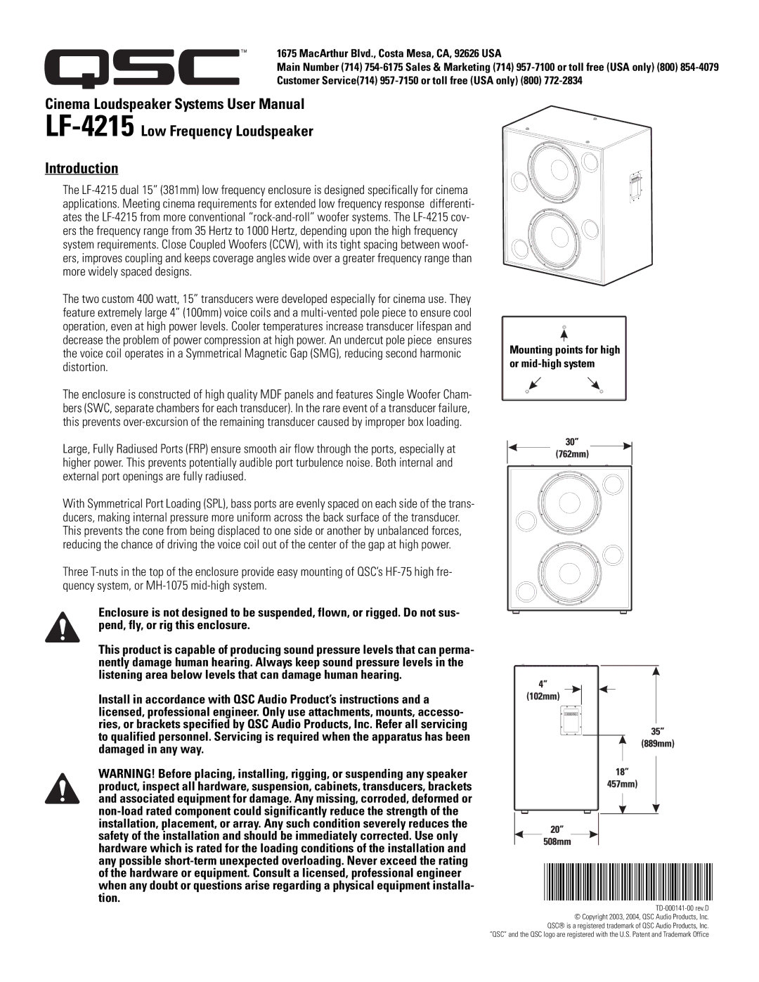 Polaroid user manual LF-4215Low Frequency Loudspeaker Introduction, MacArthur Blvd., Costa Mesa, CA, 92626 USA 