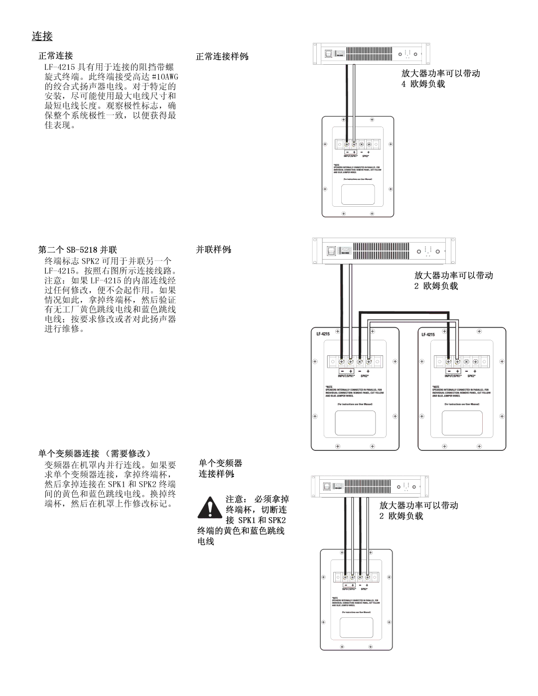 Polaroid LF-4215 user manual 正常连接样例： 放大器功率可以带动 欧姆负载 并联样例： 单个变频器连接 （需要修改） 