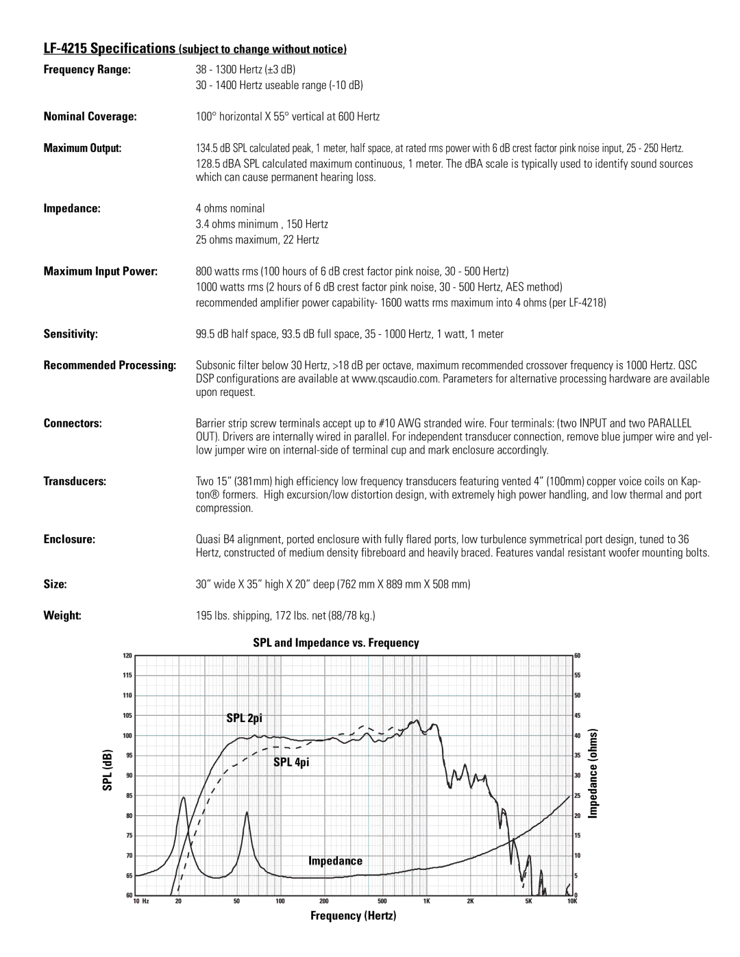 Polaroid LF-4215 user manual Sensitivity, Connectors, Transducers, Enclosure, Size, Weight, Impedance Frequency Hertz 