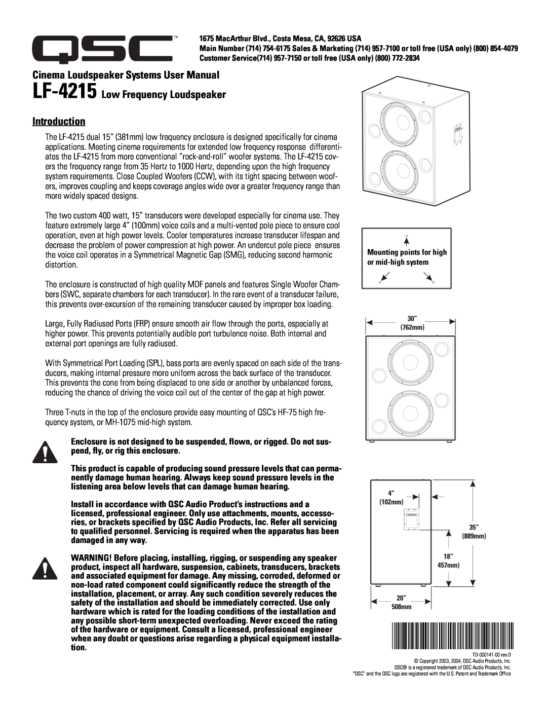 Polaroid user manual LF-4215 Low Frequency Loudspeaker Introduction, TD-000141-00 