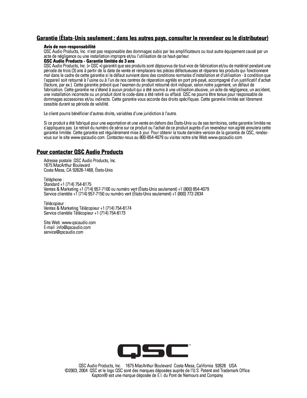 Polaroid LF-4215 user manual Pour contacter QSC Audio Products, Avis de non-responsabilité 