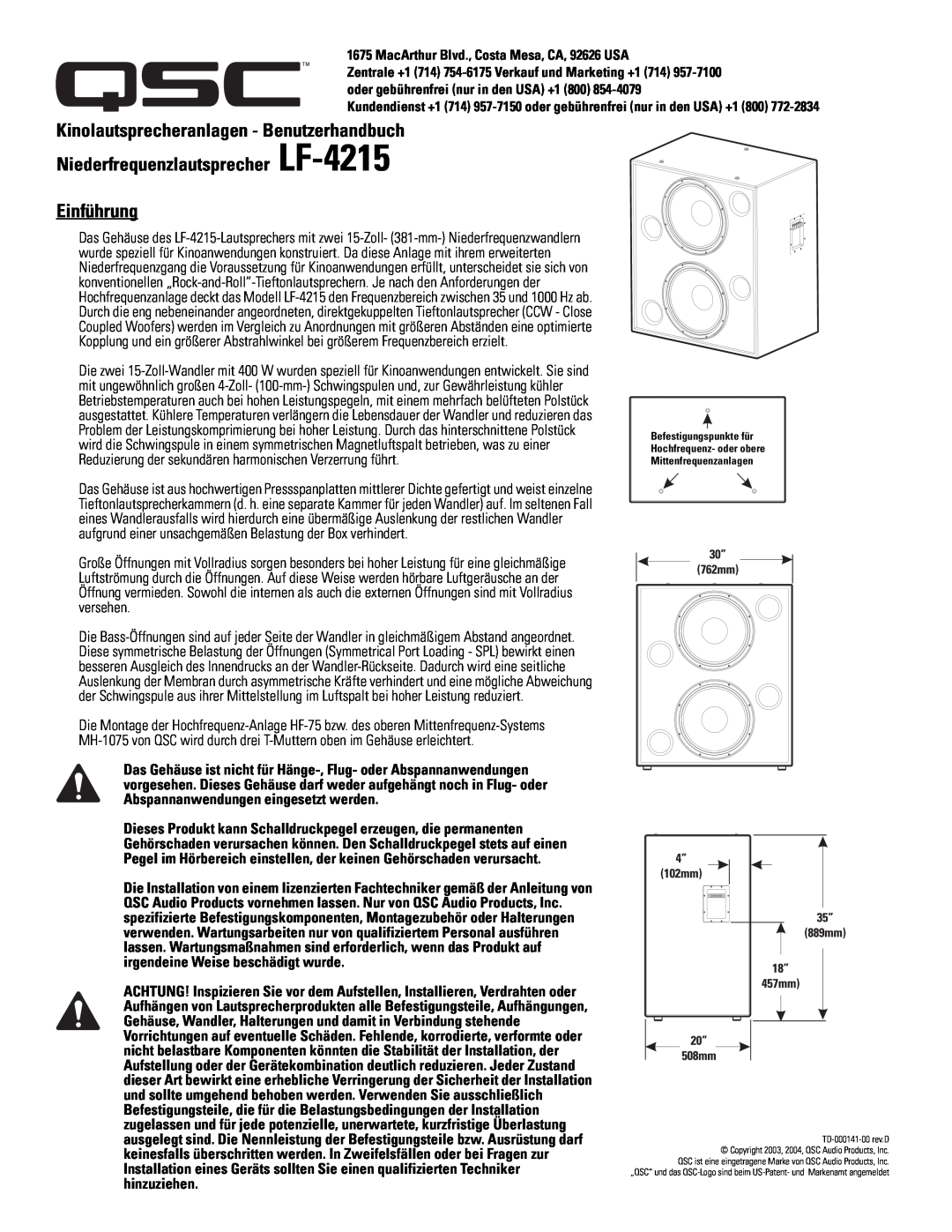 Polaroid user manual Kinolautsprecheranlagen - Benutzerhandbuch, Niederfrequenzlautsprecher LF-4215 Einführung 