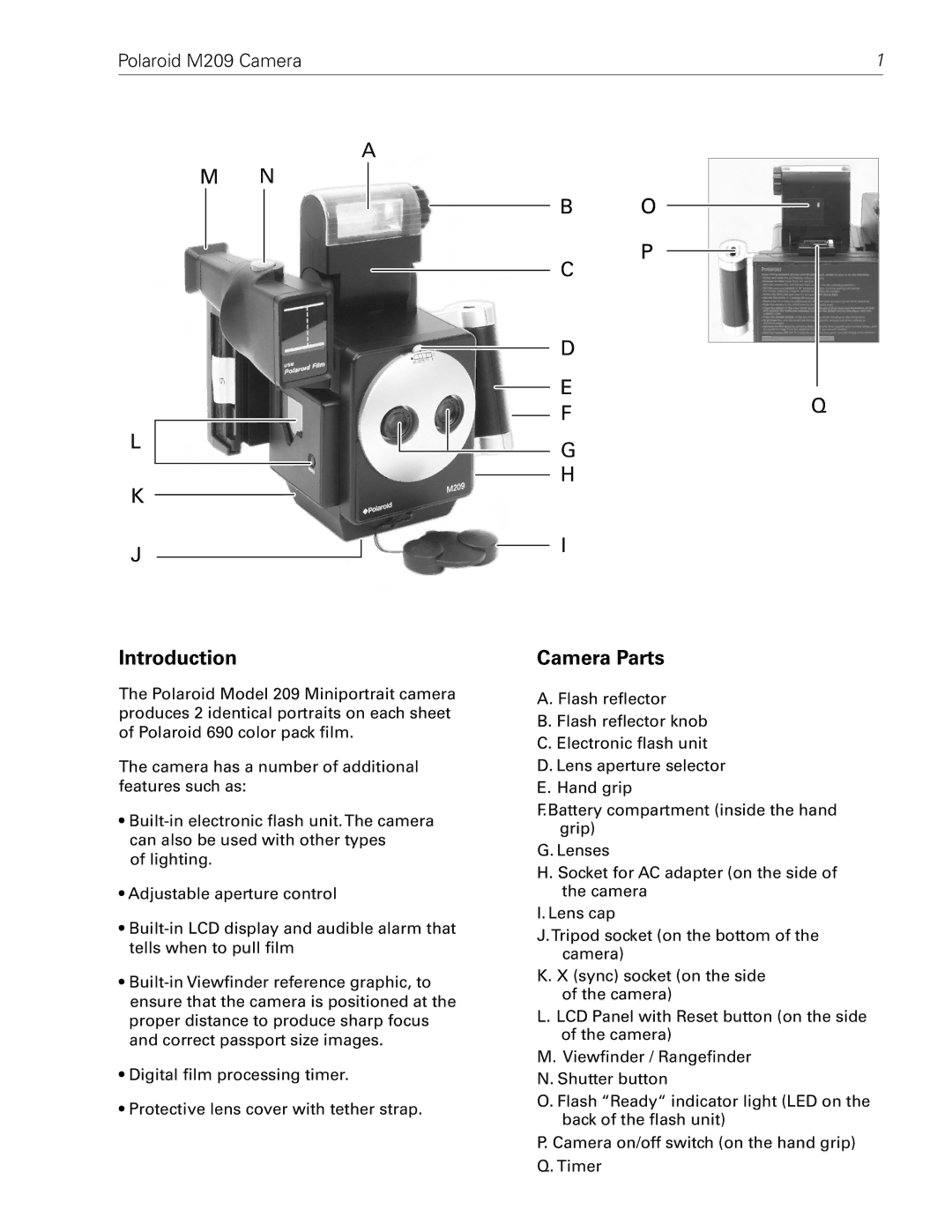 Polaroid M209 manual Introduction, Camera Parts 