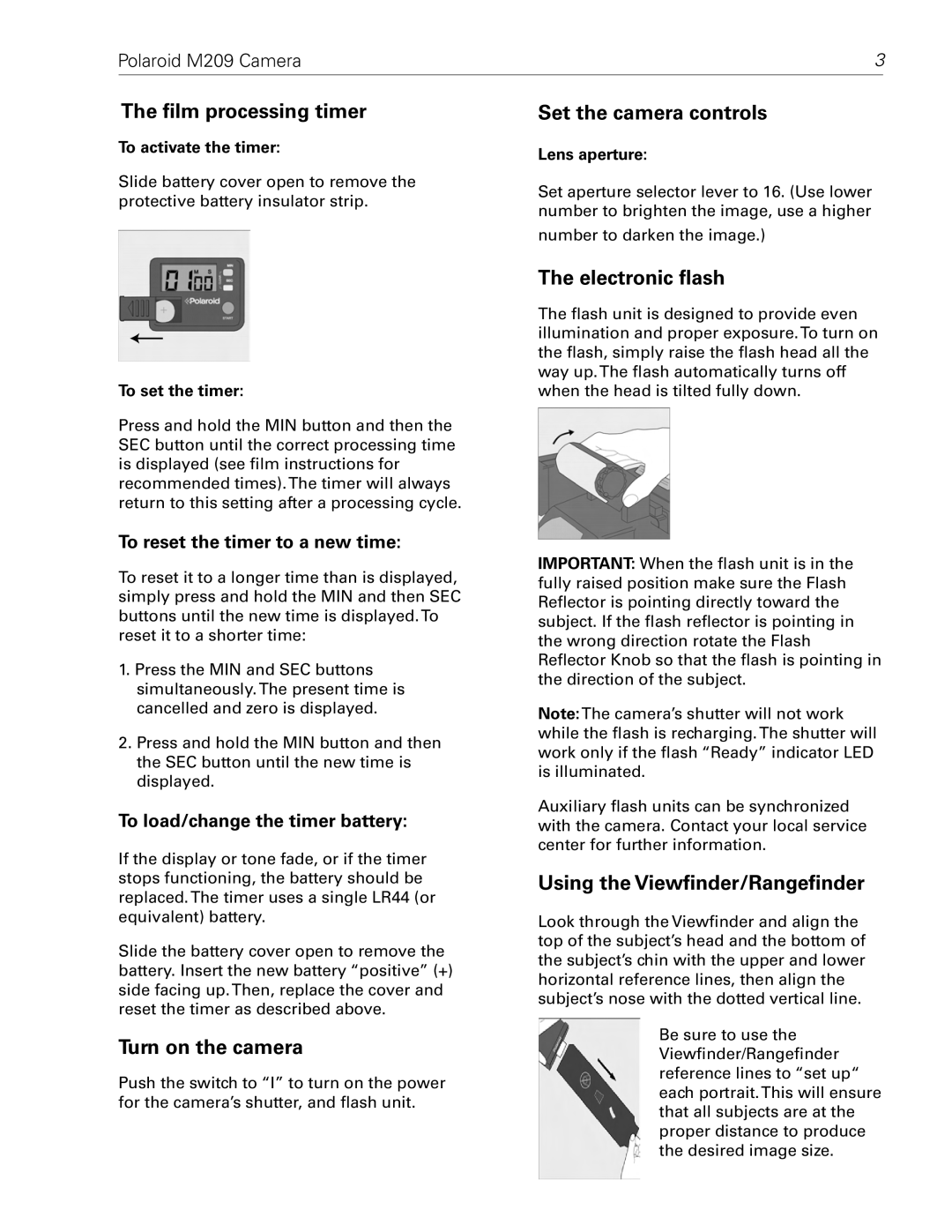 Polaroid M209 manual ﬁlm processing timer, Turn on the camera, Set the camera controls, Electronic ﬂash 