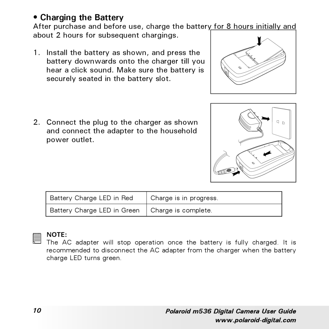 Polaroid m536 manual Charging the Battery 