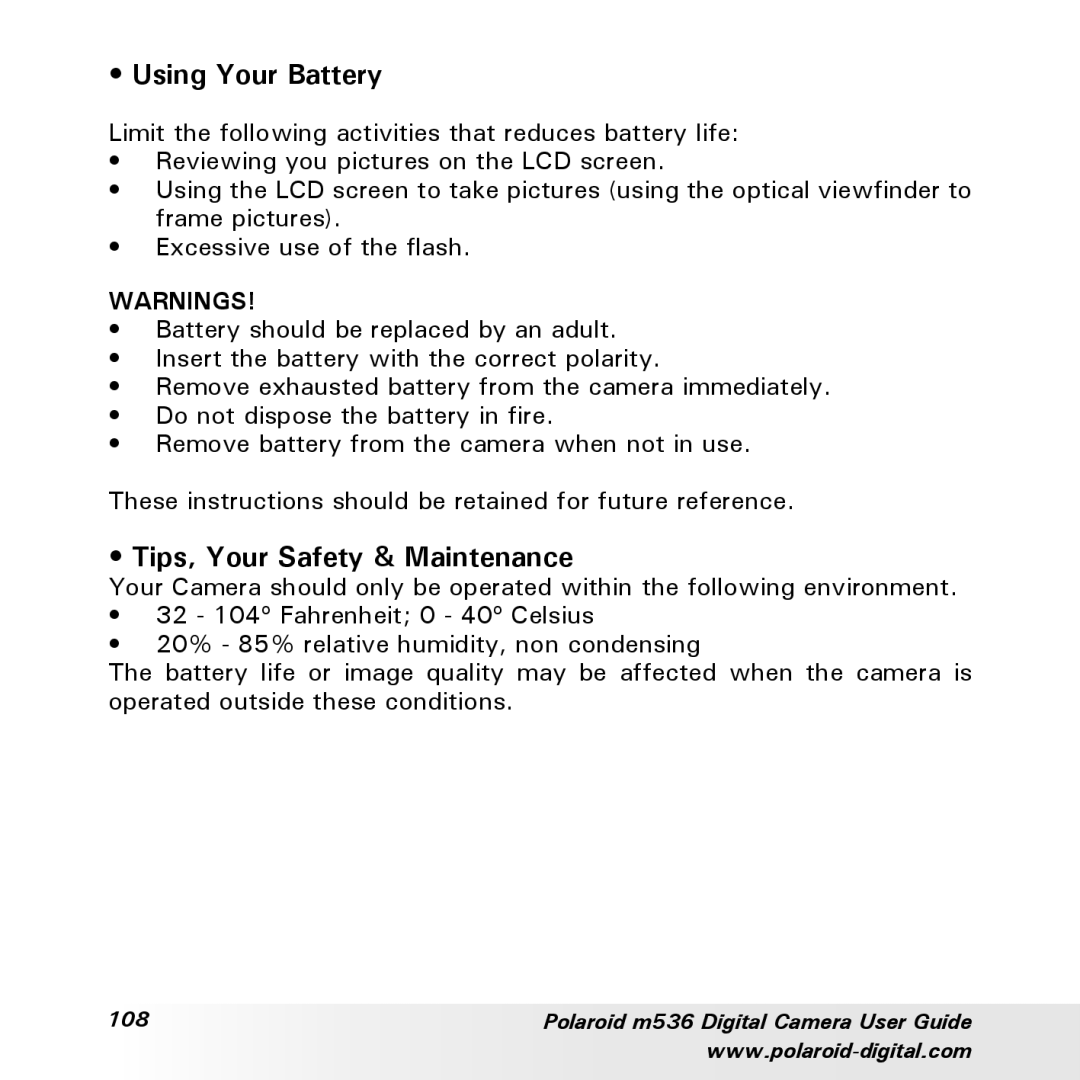 Polaroid m536 manual Using Your Battery, Tips, Your Safety & Maintenance 