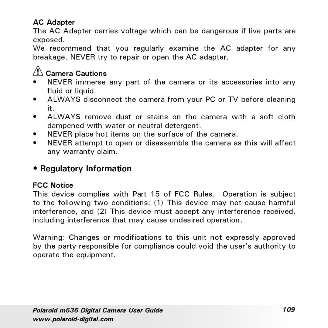 Polaroid m536 manual Regulatory Information, AC Adapter, Camera Cautions, FCC Notice 