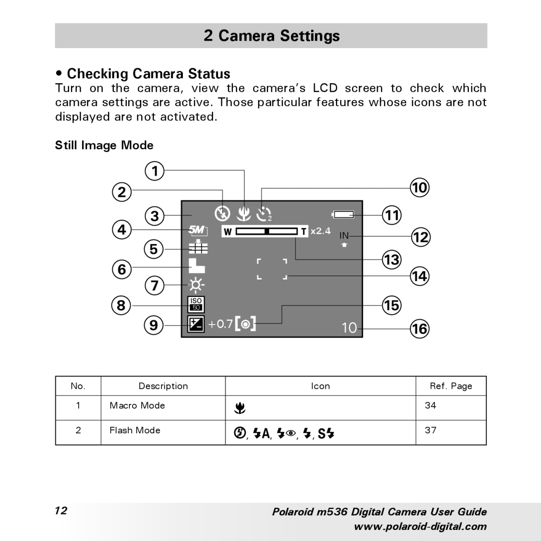 Polaroid m536 manual Camera Settings, Checking Camera Status, Still Image Mode 