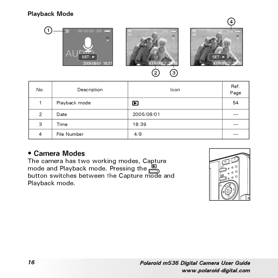 Polaroid m536 manual Camera Modes, Playback Mode 