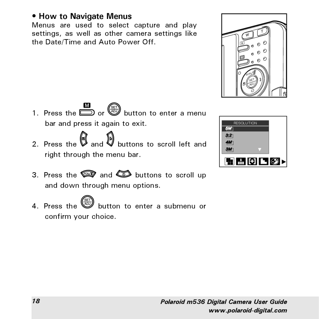 Polaroid m536 manual How to Navigate Menus 