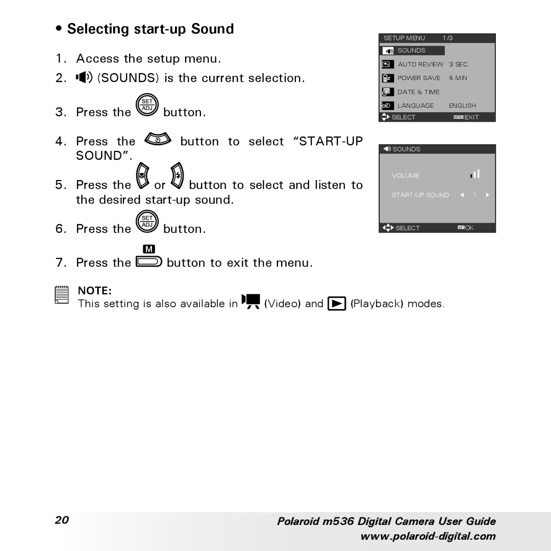 Polaroid m536 manual Selecting start-up Sound 