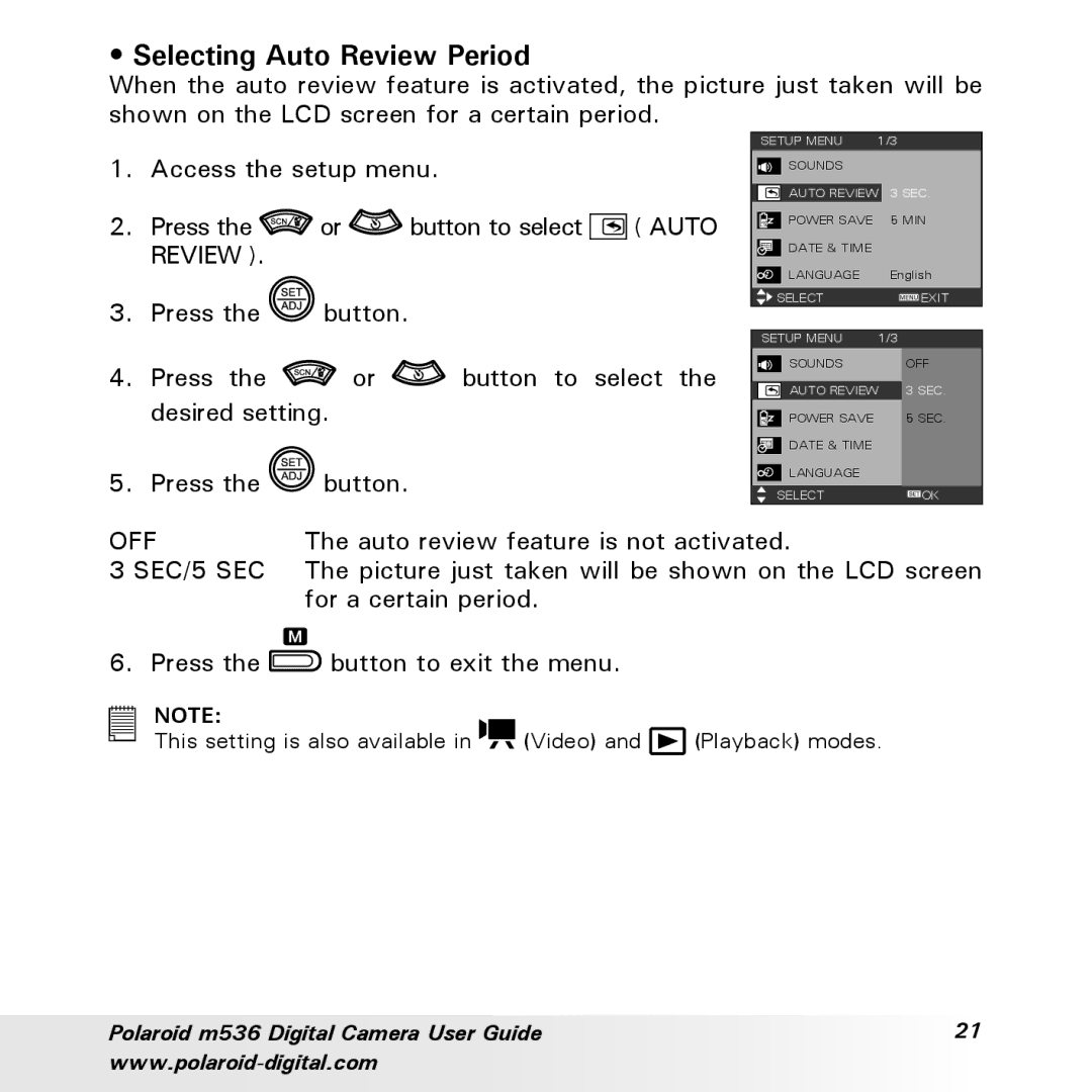 Polaroid m536 manual Selecting Auto Review Period, Off, SEC/5 SEC 