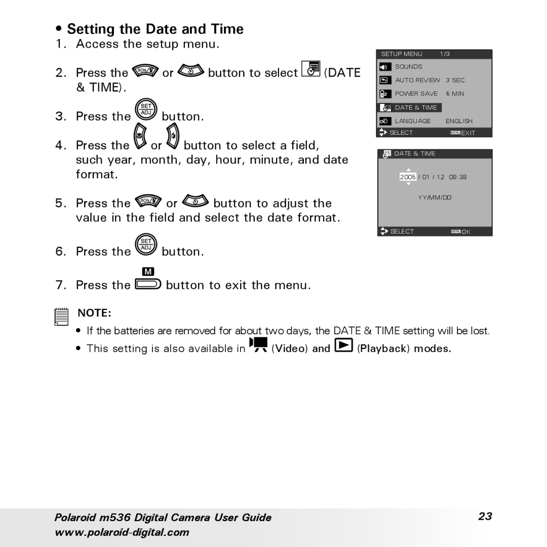 Polaroid m536 manual Setting the Date and Time 