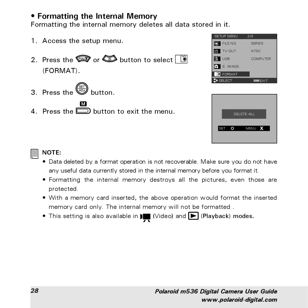 Polaroid m536 manual Formatting the Internal Memory 