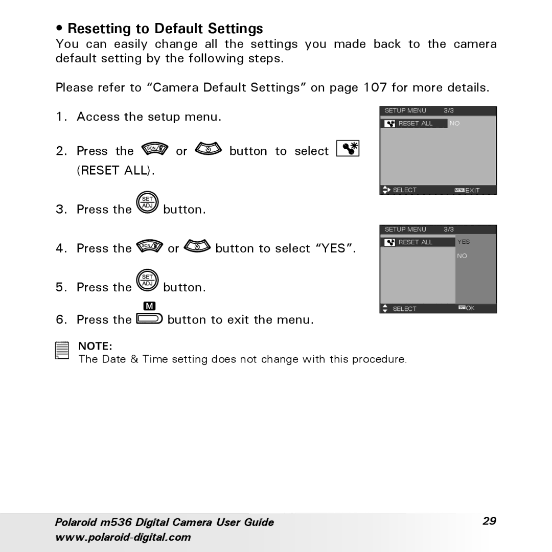 Polaroid m536 manual Resetting to Default Settings 