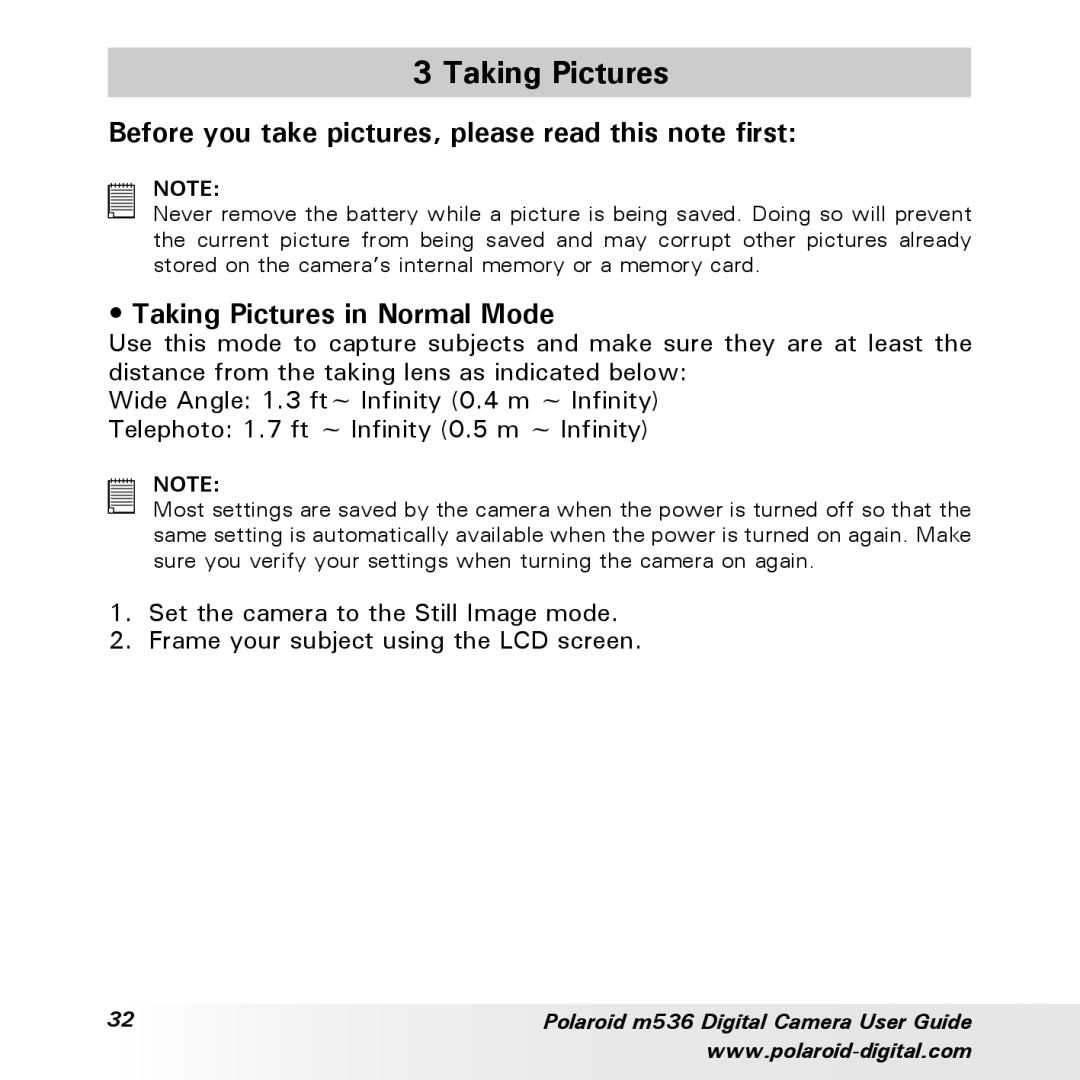 Polaroid m536 manual Before you take pictures, please read this note first, Taking Pictures in Normal Mode 