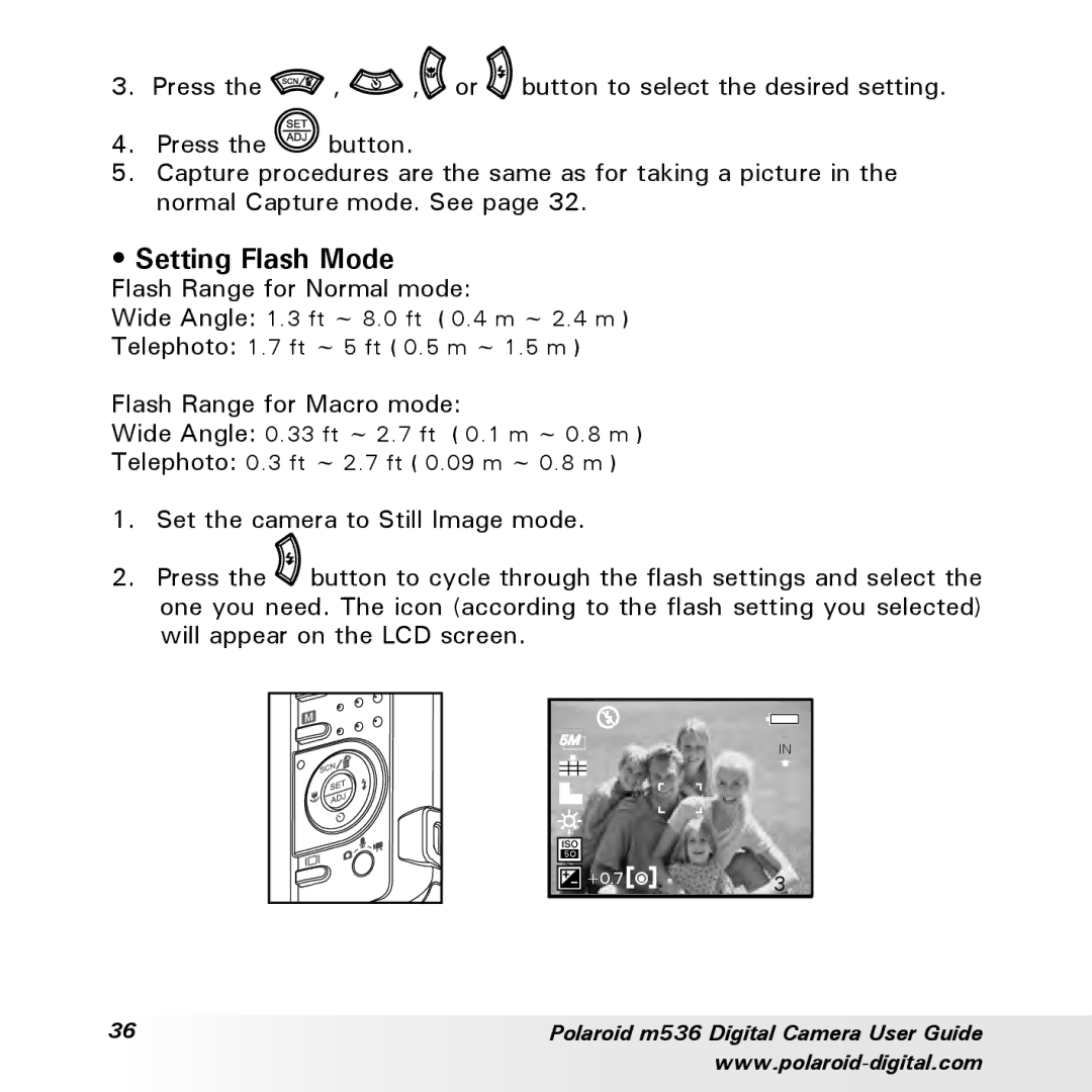 Polaroid m536 manual Setting Flash Mode 