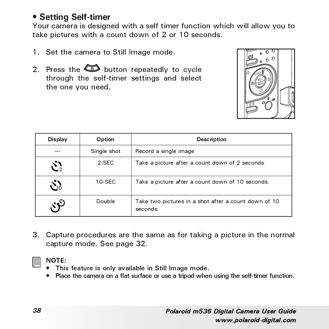 Polaroid m536 manual Setting Self-timer 