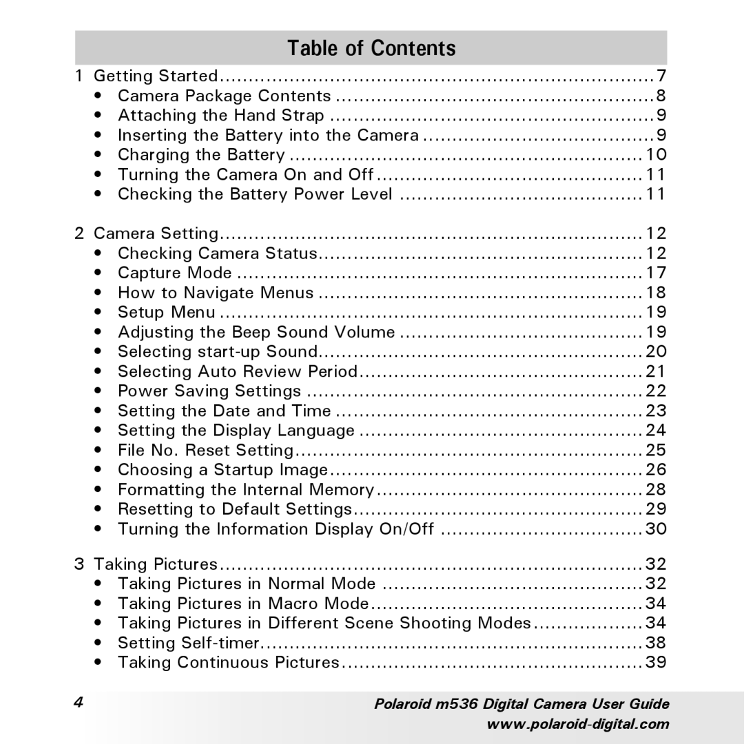 Polaroid m536 manual Table of Contents 