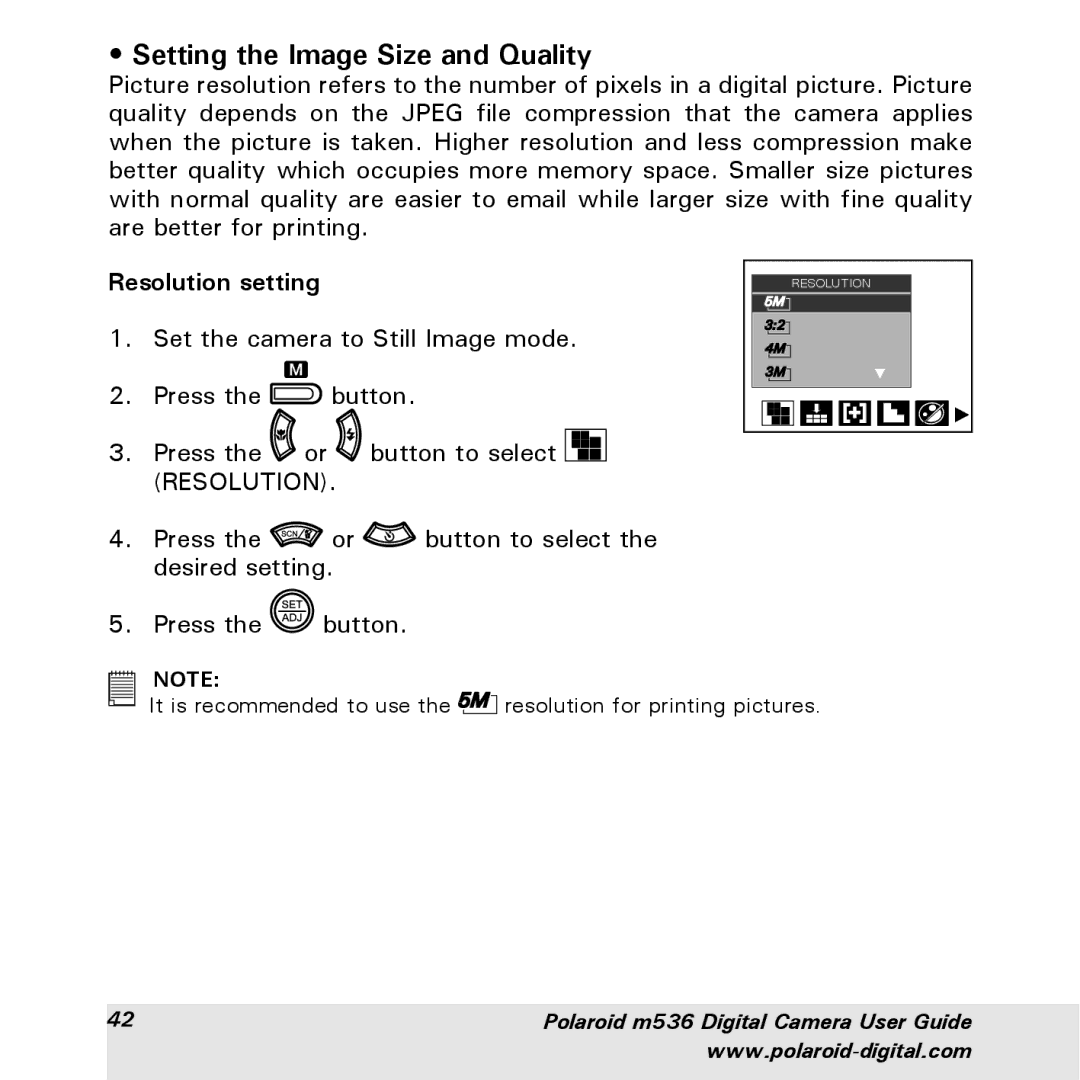 Polaroid m536 manual Setting the Image Size and Quality, Resolution setting 