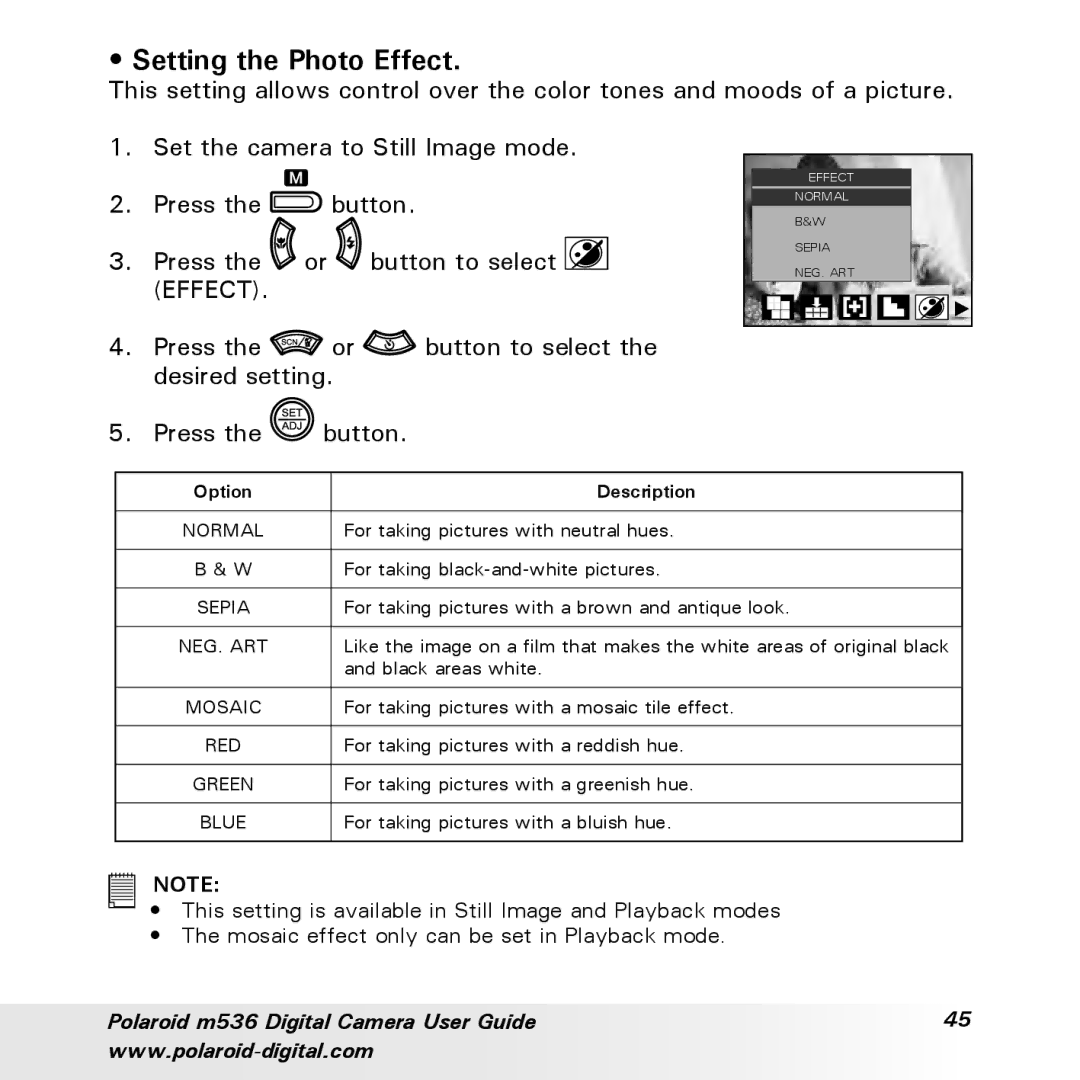 Polaroid m536 manual Setting the Photo Effect, Option Description 