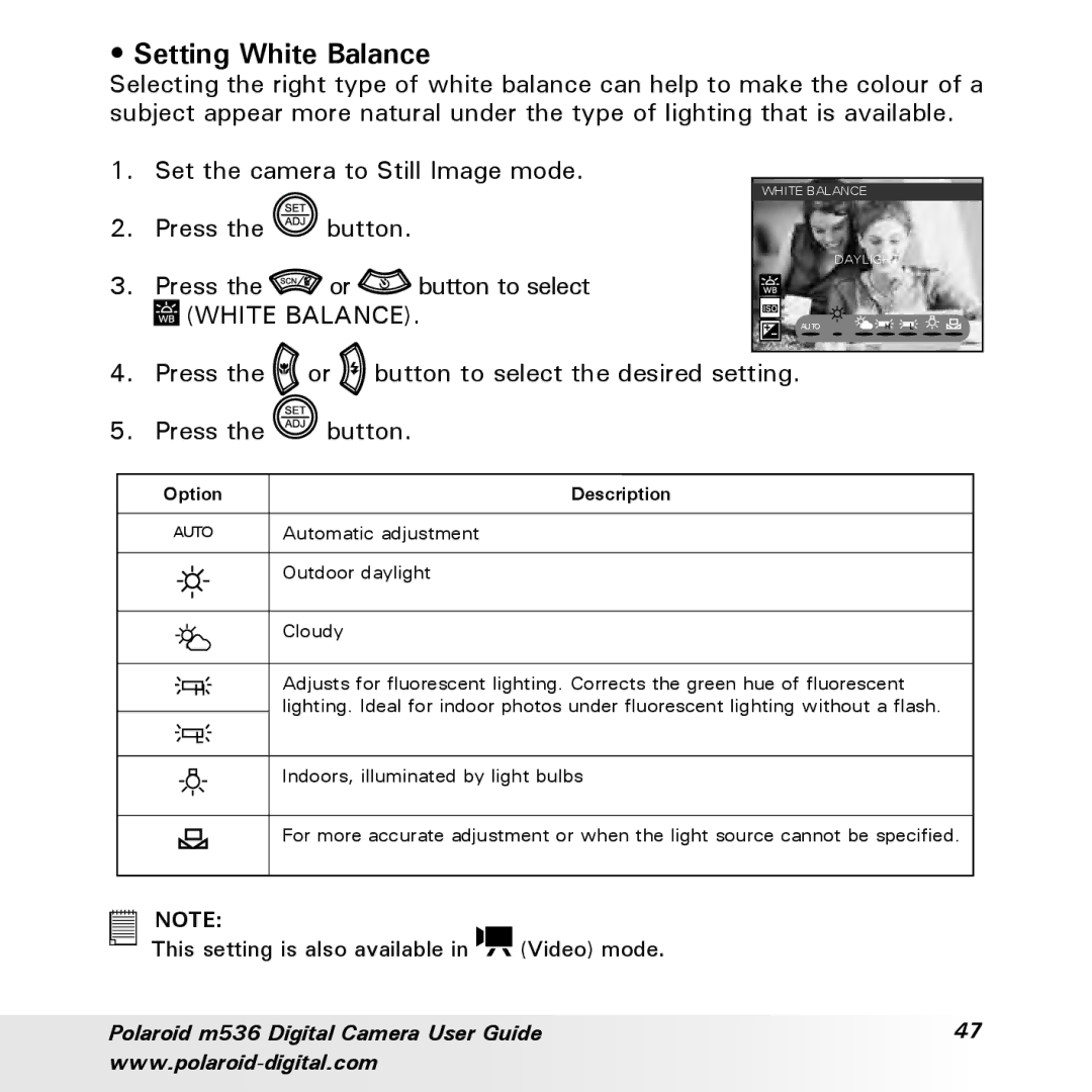 Polaroid m536 manual Setting White Balance, Desired setting 