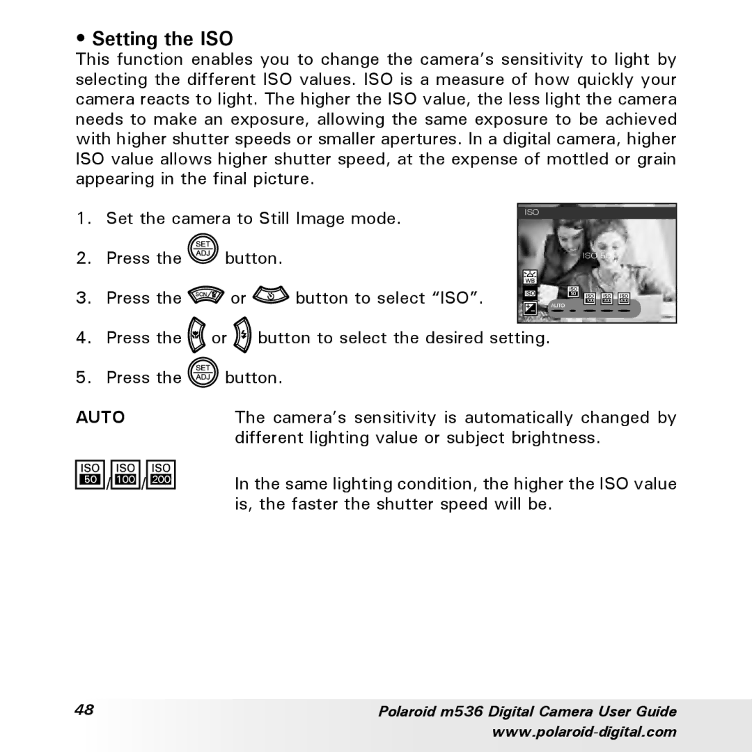 Polaroid m536 manual Setting the ISO, Auto 