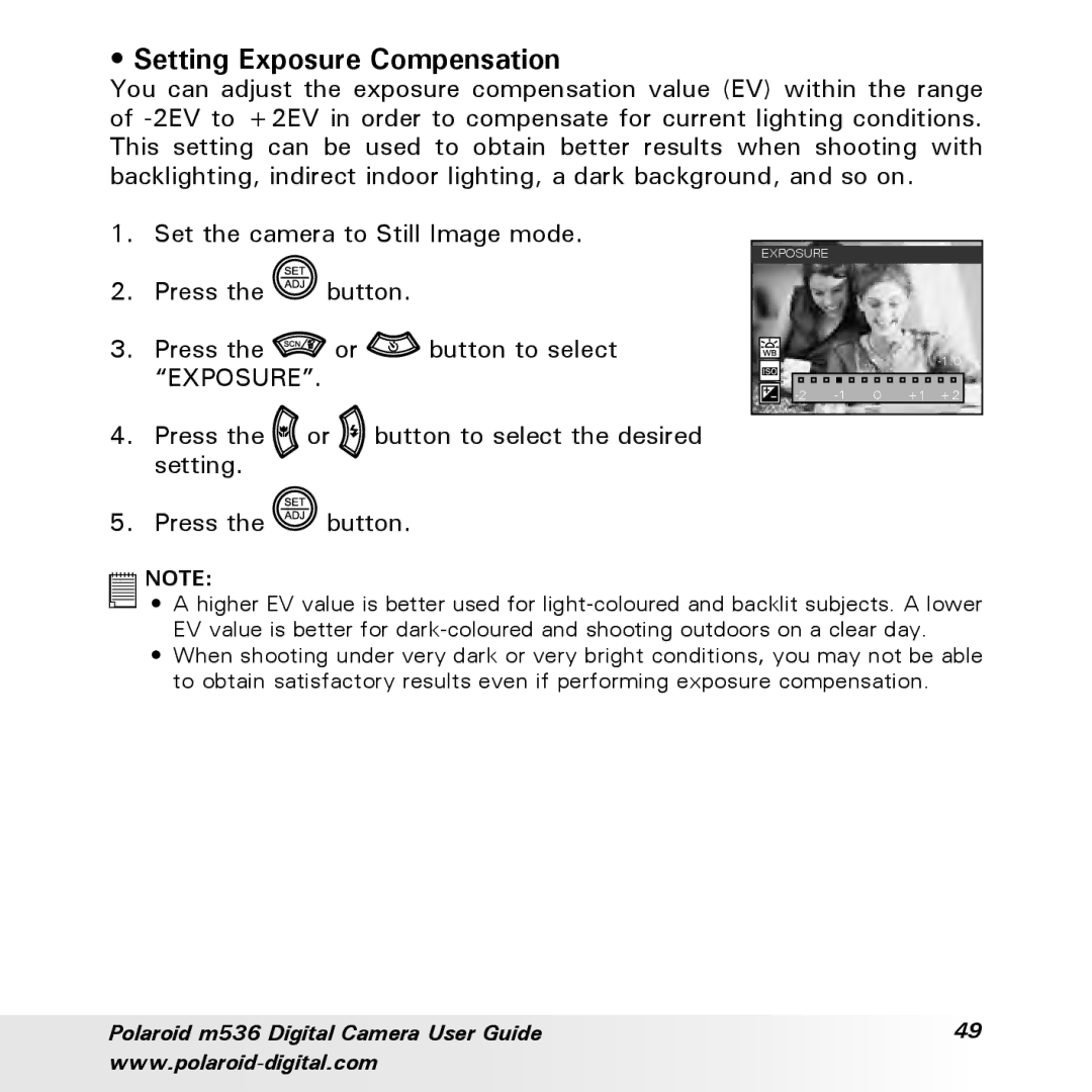 Polaroid m536 manual Setting Exposure Compensation 