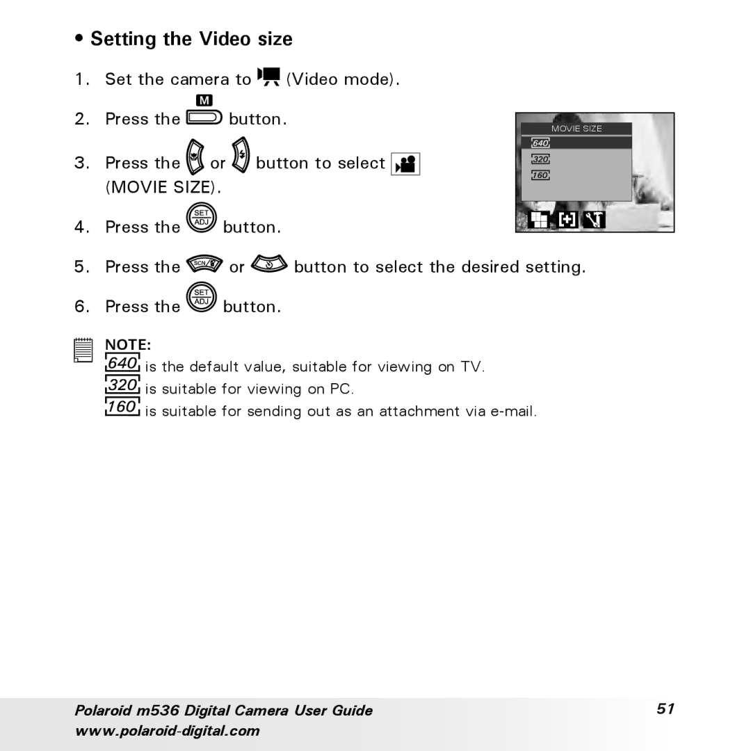 Polaroid m536 manual Setting the Video size 