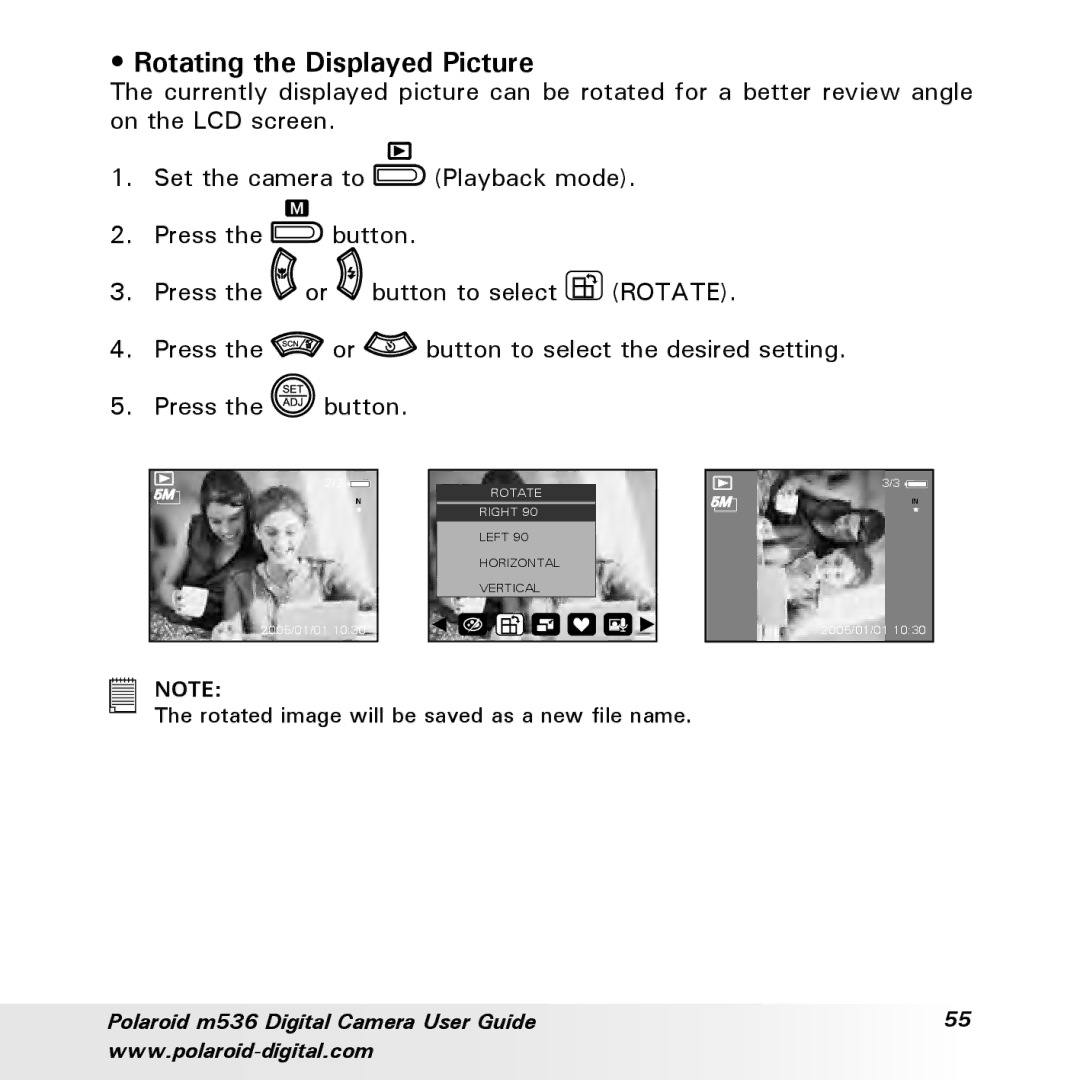 Polaroid m536 manual Rotating the Displayed Picture, Rotate 