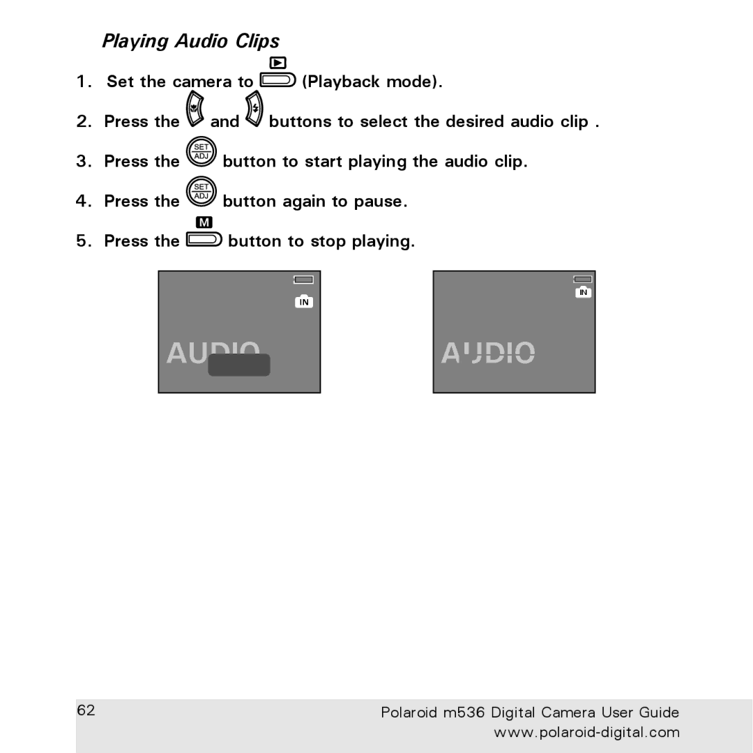 Polaroid m536 manual Playing Audio Clips 